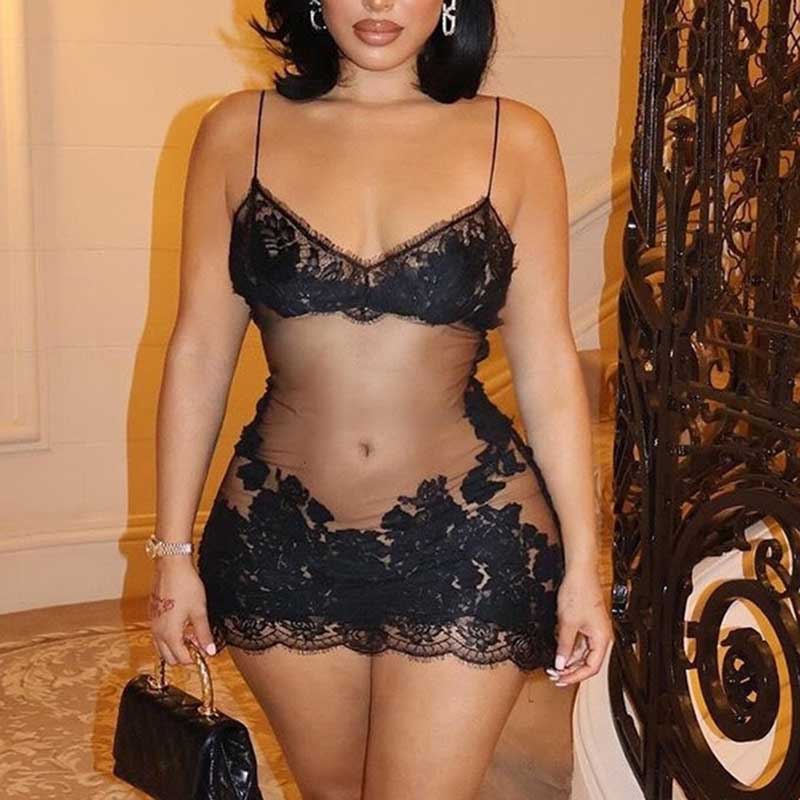 SD Dresscode sexy mesh lace mini dress featuring intricate lace detailing and a form-fitting silhouette