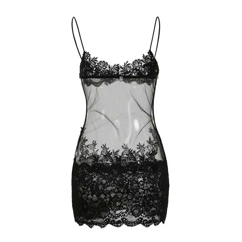 Stylish sexy mesh lace mini dress featuring delicate floral lace trim and adjustable straps