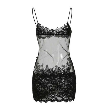 Stylish sexy mesh lace mini dress featuring delicate floral lace trim and adjustable straps