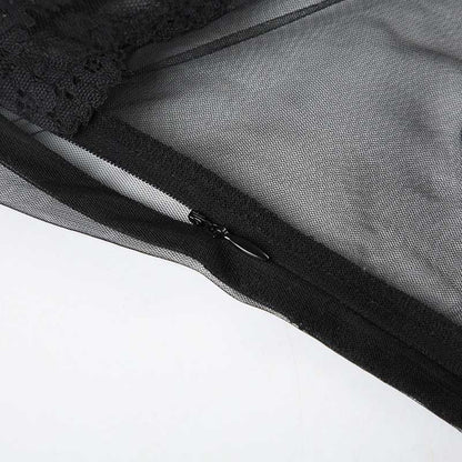 Close-up of a sexy mesh lace mini dress featuring a zipper and intricate lace detailing