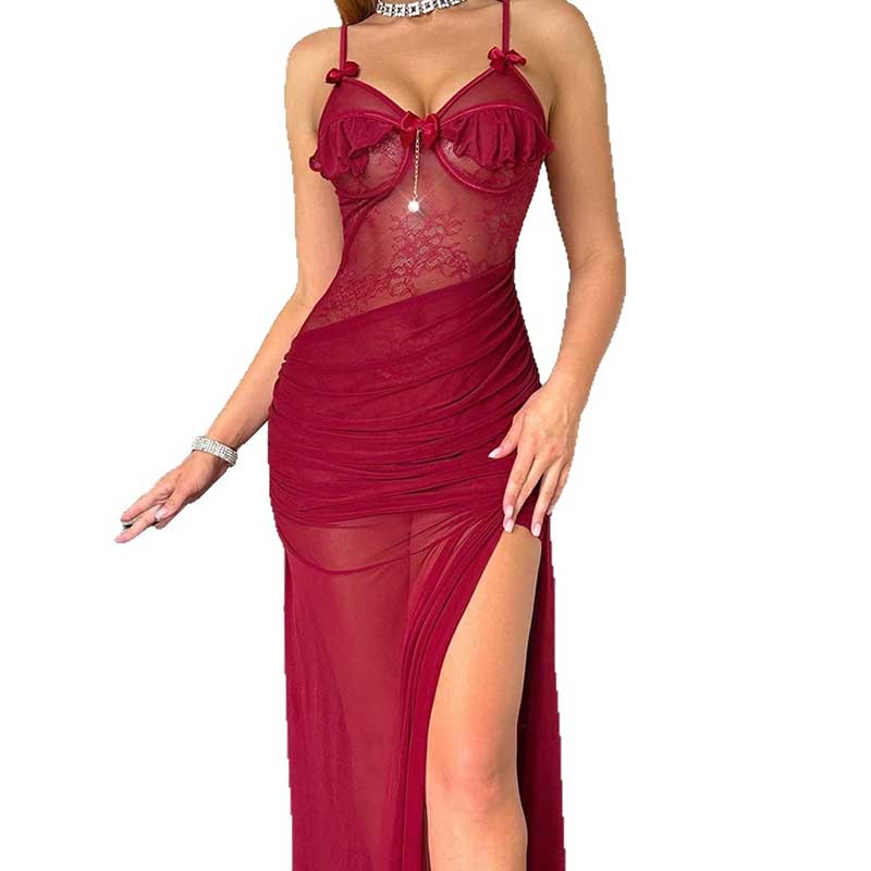 Elegant sexy strappy lingerie dress in red with lace details and high slit for a stunning evening look