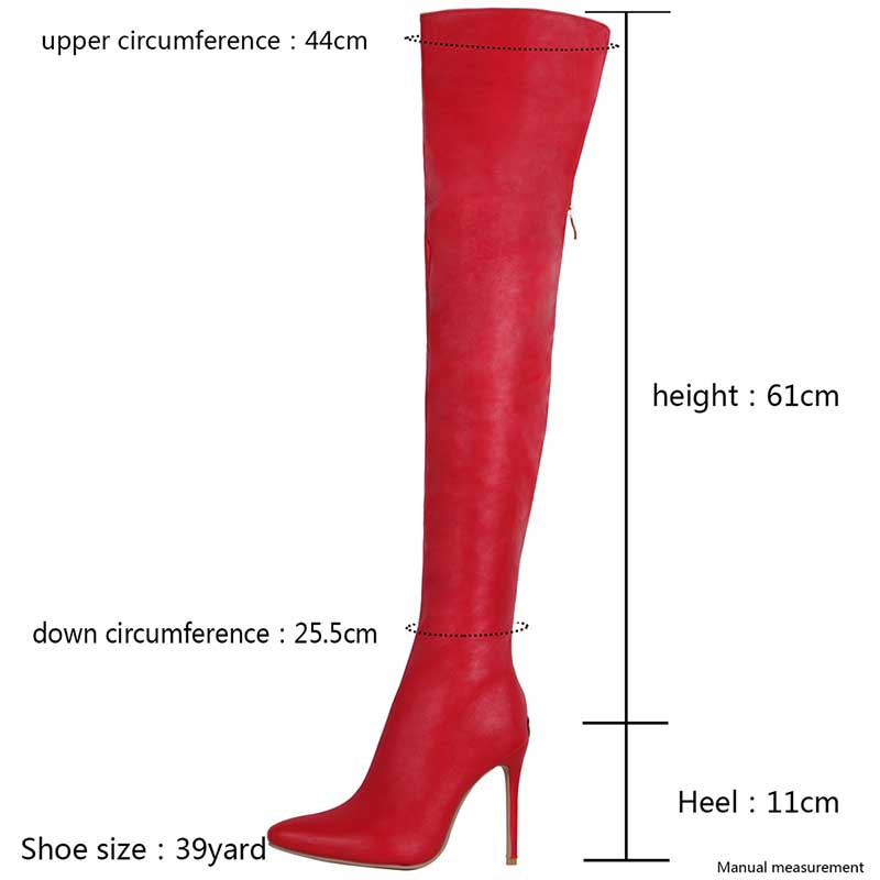 Red sexy thigh high boots with heels featuring a sleek design and 11cm heel height