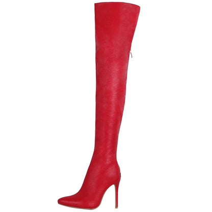 Red sexy thigh high boots with heels featuring a sleek design and high stiletto heels