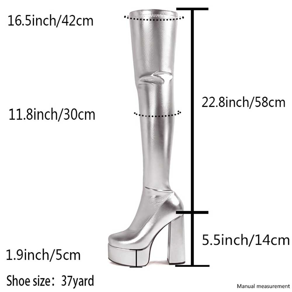 Shiny Faux Leather Double Platform Block Heel Thigh High Boots