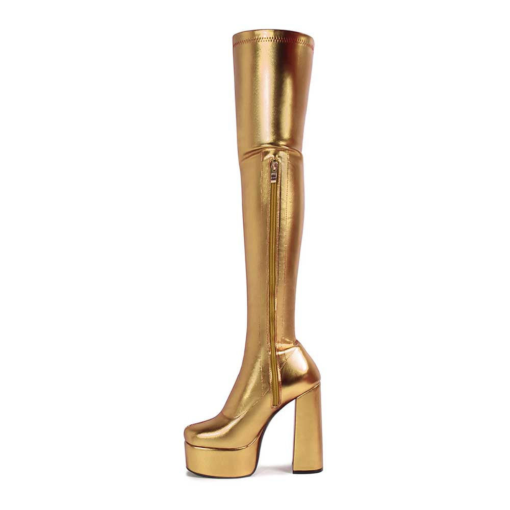 Shiny Faux Leather Double Platform Block Heel Thigh High Boots