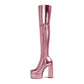 Shiny Faux Leather Double Platform Block Heel Thigh High Boots