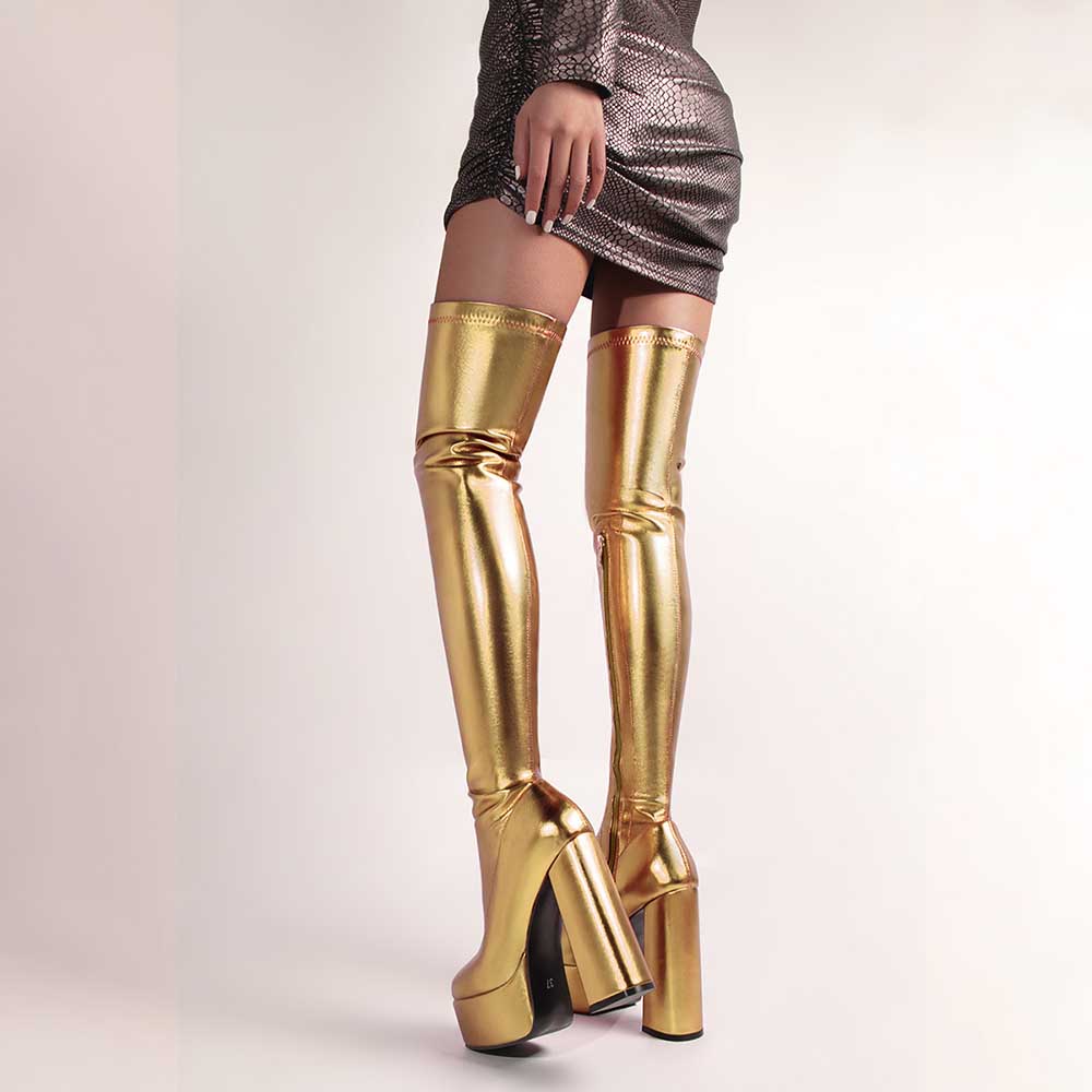 Shiny Faux Leather Double Platform Block Heel Thigh High Boots