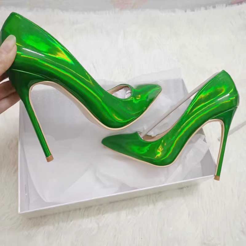Shiny party heels for women in vibrant green with a sleek stiletto design for elegant events