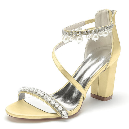 S&DCo. Yellow Heels with Pearl Accents, Elegant Shoes for Wedding Events
