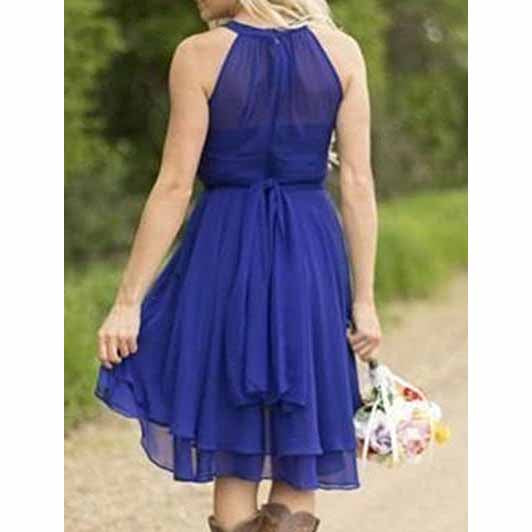 Elegant blue short country wedding guest dress with halter neck and flowing skirt perfect for outdoor events