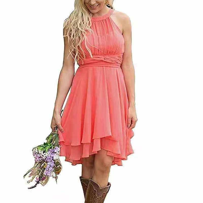 Coral short country wedding guest dress with a halter neckline, perfect for outdoor weddings