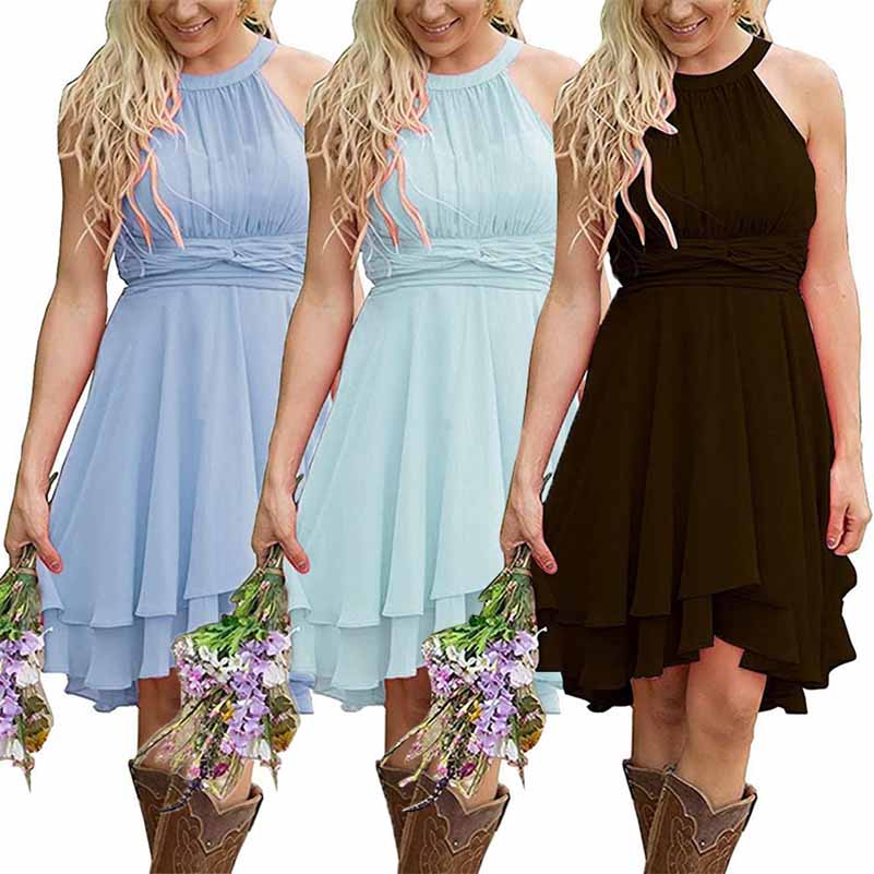 Three short country wedding guest dresses in pastel blue, light blue, and black with flowy skirts