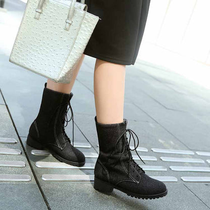 Women's ankle boots lace up denim martin boots low heel bootie