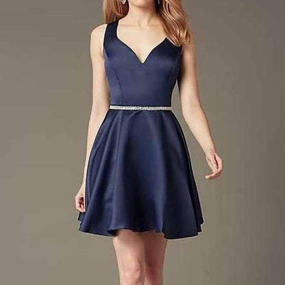 Teens Short Homecoming Dresses Pocket V-Neck Open Back Satin Prom Party Gowns