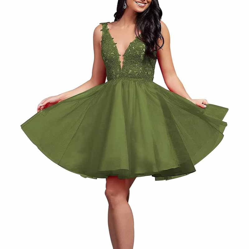 olive green short prom dress A-Line Puff Sleeves Olive Green Satin Short Prom Dress, Olive Green Homecoming Dress US 16 / Green