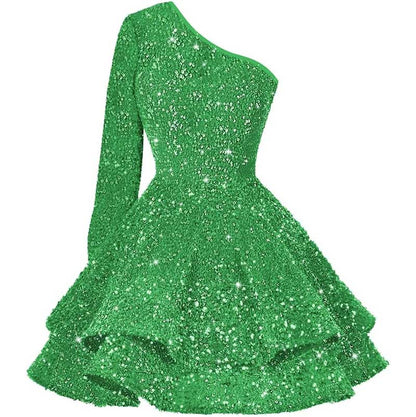 Sparkly Sequin Short Homecoming Dresses One Shoulder Glitter Tiered Short Gowns