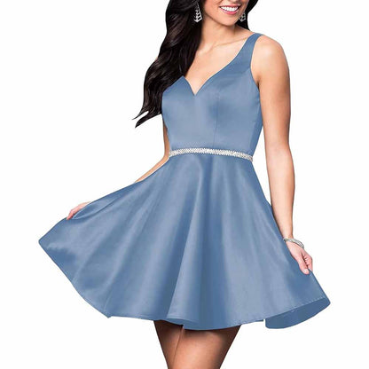 Teens Short Homecoming Dresses Pocket V-Neck Open Back Satin Prom Party Gowns