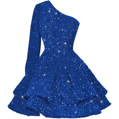 Sparkly Sequin Short Homecoming Dresses One Shoulder Glitter Tiered Short Gowns