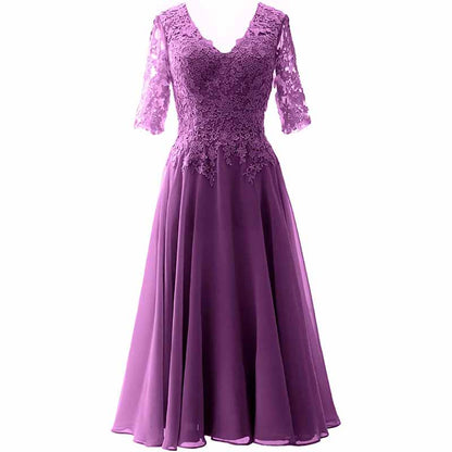 Women Midi Mother Bride Dresses 3/4 Sleeves V Neck Wedding Guest Tea Length Bridesmaid Dress