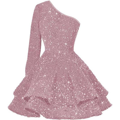 Sparkly Sequin Short Homecoming Dresses One Shoulder Glitter Tiered Short Gowns