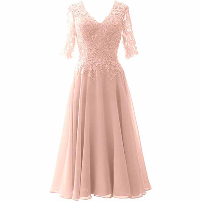 Women Midi Mother Bride Dresses 3/4 Sleeves V Neck Wedding Guest Tea Length Bridesmaid Dress