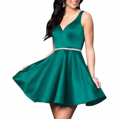 Teens Short Homecoming Dresses Pocket V-Neck Open Back Satin Prom Party Gowns