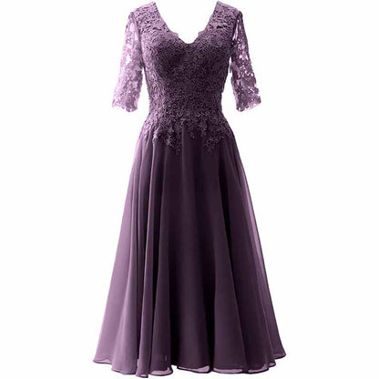 Women Midi Mother Bride Dresses 3/4 Sleeves V Neck Wedding Guest Tea Length Bridesmaid Dress