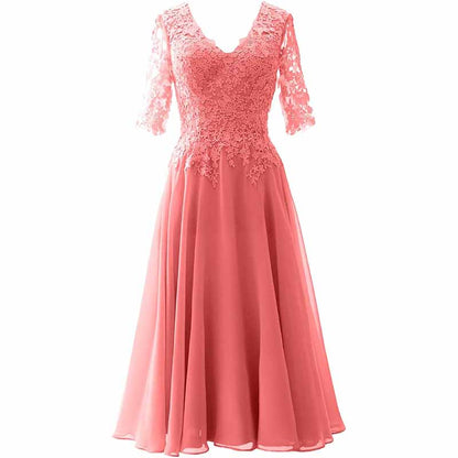 Women Midi Mother Bride Dresses 3/4 Sleeves V Neck Wedding Guest Tea Length Bridesmaid Dress