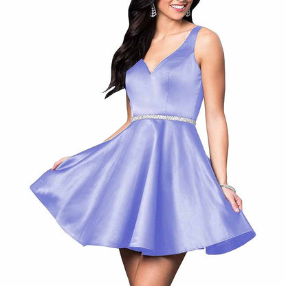 Teens Short Homecoming Dresses Pocket V-Neck Open Back Satin Prom Party Gowns