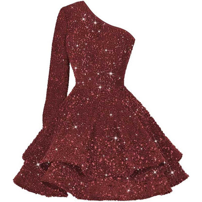 Sparkly Sequin Short Homecoming Dresses One Shoulder Glitter Tiered Short Gowns
