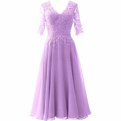 Women Midi Mother Bride Dresses 3/4 Sleeves V Neck Wedding Guest Tea Length Bridesmaid Dress