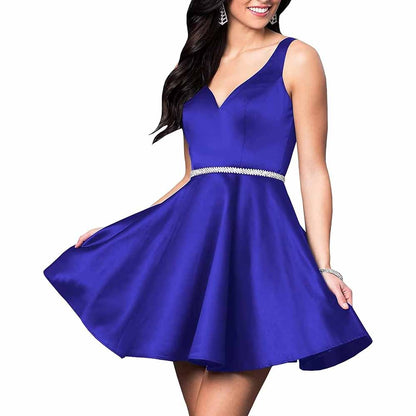Teens Short Homecoming Dresses Pocket V-Neck Open Back Satin Prom Party Gowns