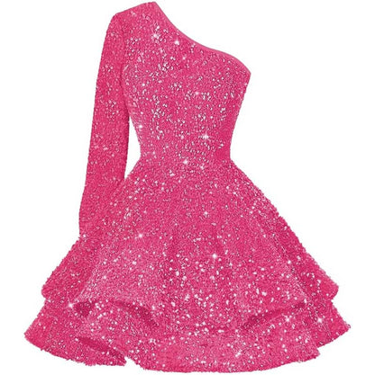 Sparkly Sequin Short Homecoming Dresses One Shoulder Glitter Tiered Short Gowns