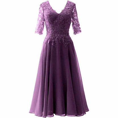 Women Midi Mother Bride Dresses 3/4 Sleeves V Neck Wedding Guest Tea Length Bridesmaid Dress