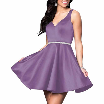 Teens Short Homecoming Dresses Pocket V-Neck Open Back Satin Prom Party Gowns