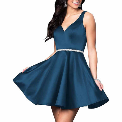 Teens Short Homecoming Dresses Pocket V-Neck Open Back Satin Prom Party Gowns