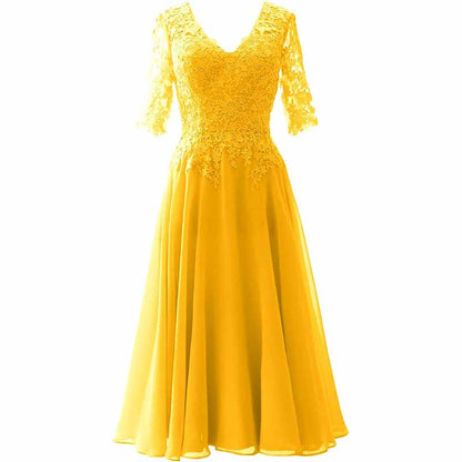Women Midi Mother Bride Dresses 3/4 Sleeves V Neck Wedding Guest Tea Length Bridesmaid Dress