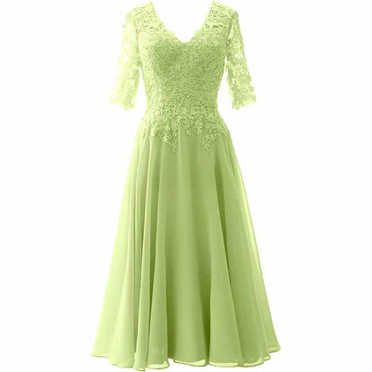 Women Midi Mother Bride Dresses 3/4 Sleeves V Neck Wedding Guest Tea Length Bridesmaid Dress