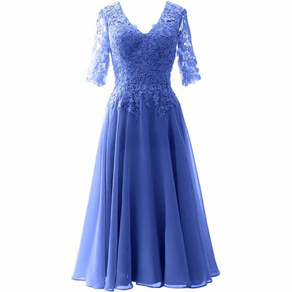 Women Midi Mother Bride Dresses 3/4 Sleeves V Neck Wedding Guest Tea Length Bridesmaid Dress