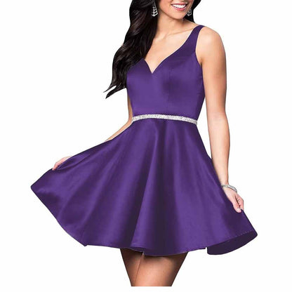 Teens Short Homecoming Dresses Pocket V-Neck Open Back Satin Prom Party Gowns