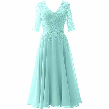 Women Midi Mother Bride Dresses 3/4 Sleeves V Neck Wedding Guest Tea Length Bridesmaid Dress