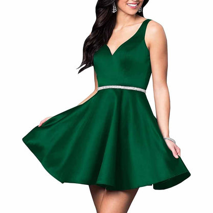 Teens Short Homecoming Dresses Pocket V-Neck Open Back Satin Prom Party Gowns