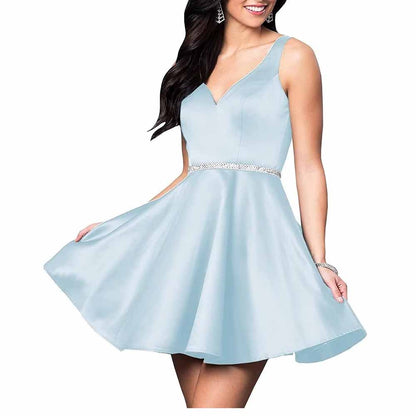 Teens Short Homecoming Dresses Pocket V-Neck Open Back Satin Prom Party Gowns