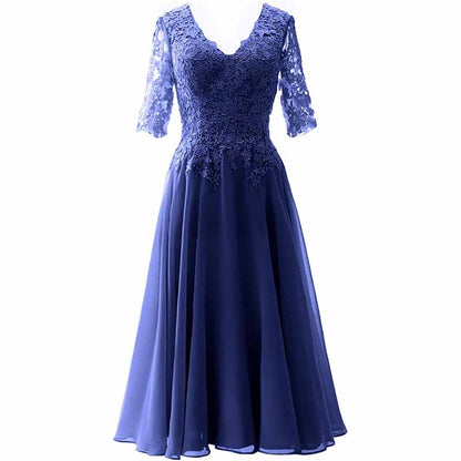 Women Midi Mother Bride Dresses 3/4 Sleeves V Neck Wedding Guest Tea Length Bridesmaid Dress