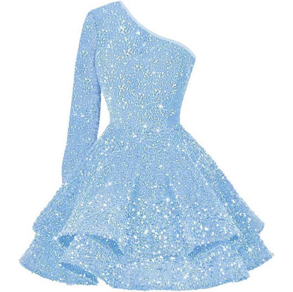 Sparkly Sequin Short Homecoming Dresses One Shoulder Glitter Tiered Short Gowns