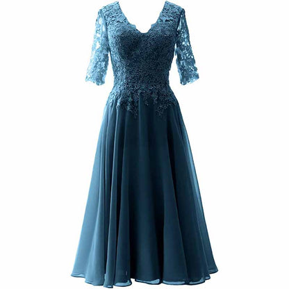 Women Midi Mother Bride Dresses 3/4 Sleeves V Neck Wedding Guest Tea Length Bridesmaid Dress