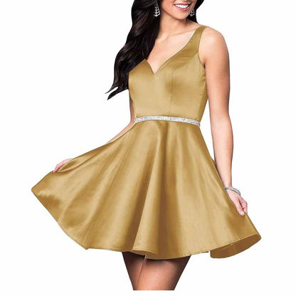 Teens Short Homecoming Dresses Pocket V-Neck Open Back Satin Prom Party Gowns