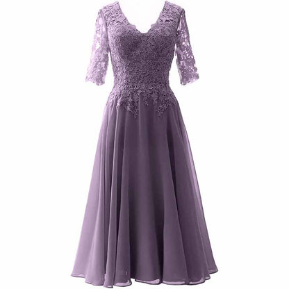Women Midi Mother Bride Dresses 3/4 Sleeves V Neck Wedding Guest Tea Length Bridesmaid Dress