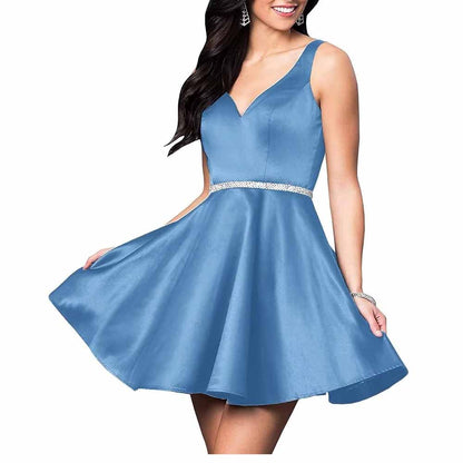 Teens Short Homecoming Dresses Pocket V-Neck Open Back Satin Prom Party Gowns