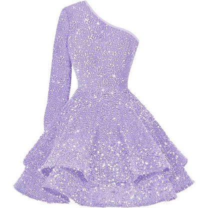 Sparkly Sequin Short Homecoming Dresses One Shoulder Glitter Tiered Short Gowns